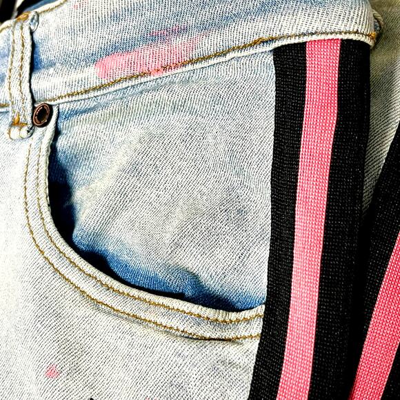Focus Jeans With Pink/Black Stripe Bandana Patches Paint Splattered Distressed - Picture 7 of 7